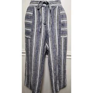 Laundry Shelli Segal Pants Women 8 Striped Blue Wide Leg Drawstring Linen Blend